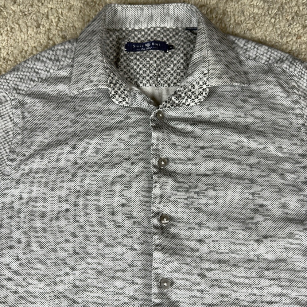 Men's Stone Rose 100% Cotton Short-Sleeved Button-Down White Gray Shirt Medium‎